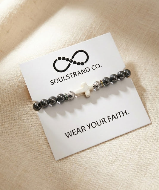 Black Hematite with White Stone Cross Bracelet image 1