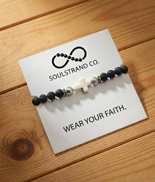 Lava Rock with White Stone Cross Bracelet image 1