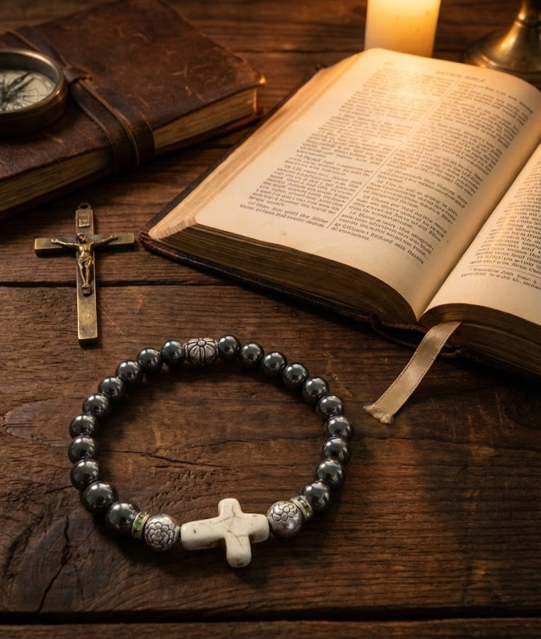 Black Hematite with White Stone Cross Bracelet image 2