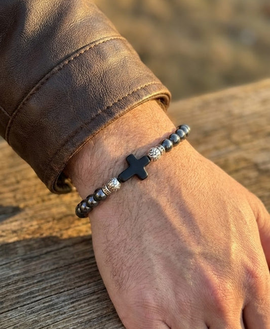 Black Hematite with Black Stone Cross Bracelet image 1