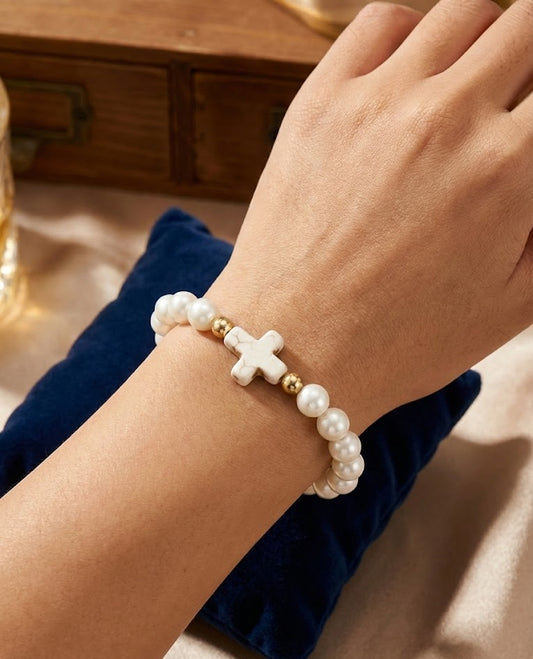 White Pearl with White Stone Cross Bracelet image 1