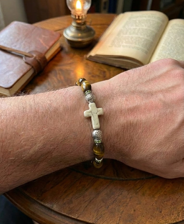 Tigers Eye with White Stone Cross Bracelet image 2