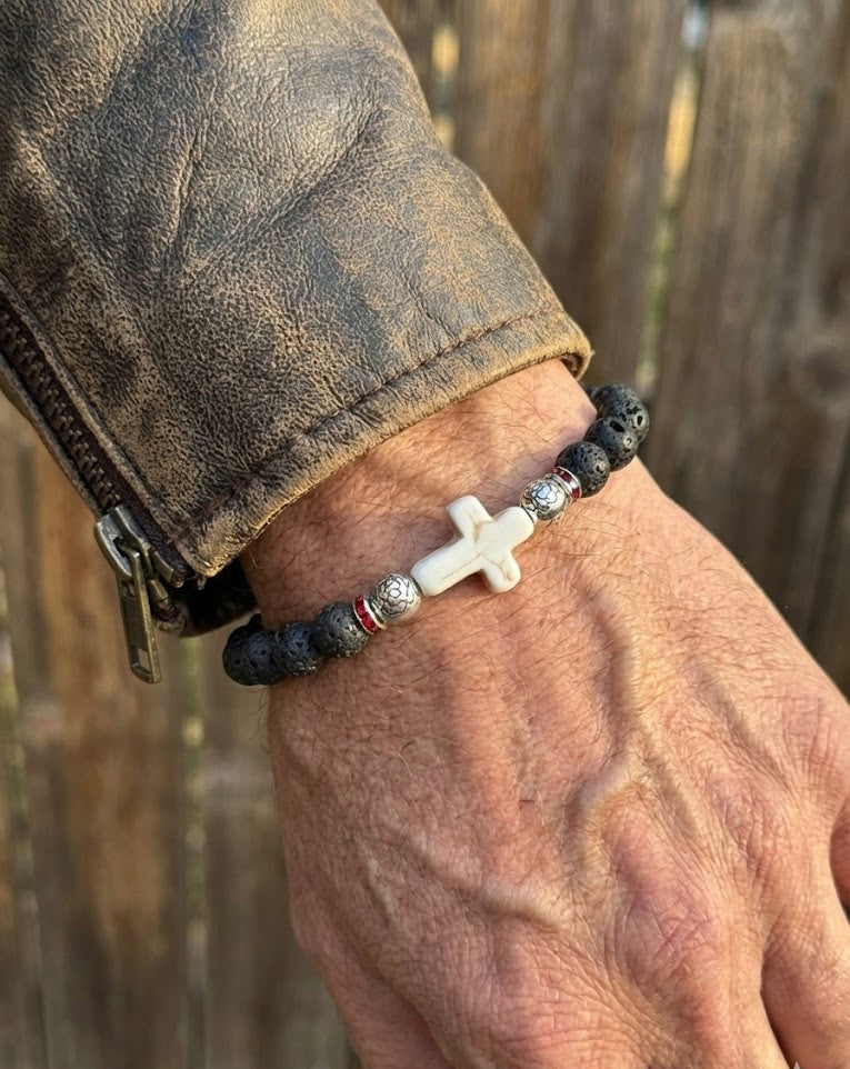 Lava Rock with White Stone Cross Bracelet image 2