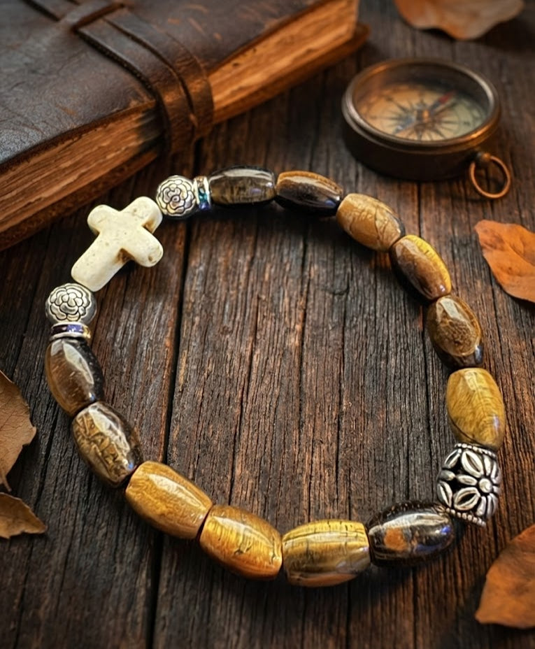 Tigers Eye with White Stone Cross Bracelet image 0
