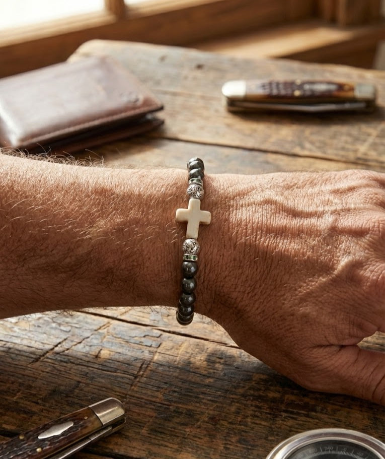 Black Hematite with White Stone Cross Bracelet image 0