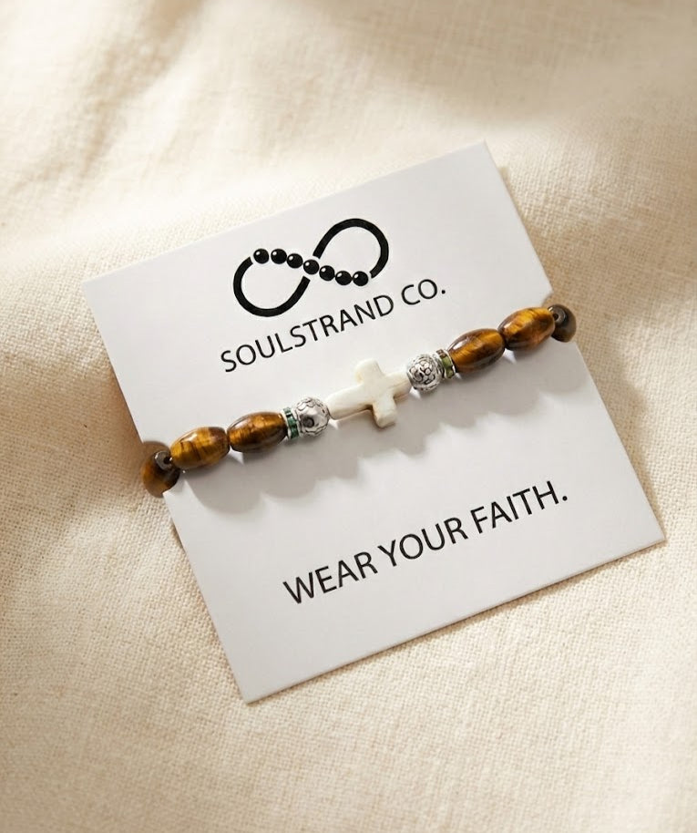 Tigers Eye with White Stone Cross Bracelet image 1